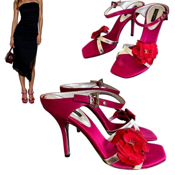 VTG. Y2K LOUIS VUITTON HEELS FLOWER DESIGN PINK SILVER STRAPPY SANDALS EUC 6 1/2 - Picture 1 of 7